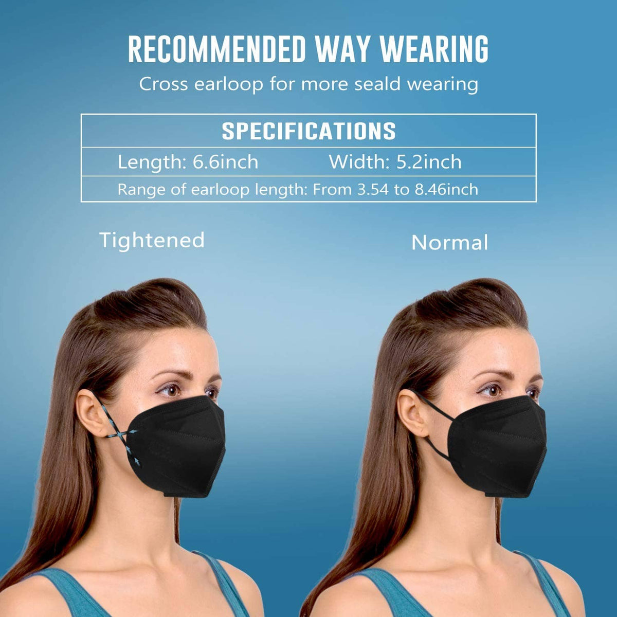 WWDOLL KN95 face mask, black on a person, secure earloop fit for adult