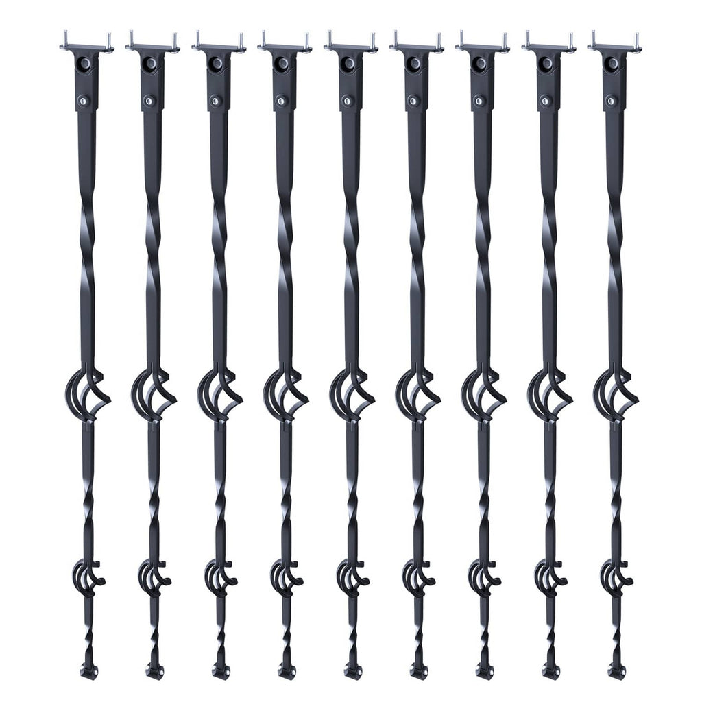 Metal deck balusters: 10 steel spindles with double-basket scrolls and screw mounts