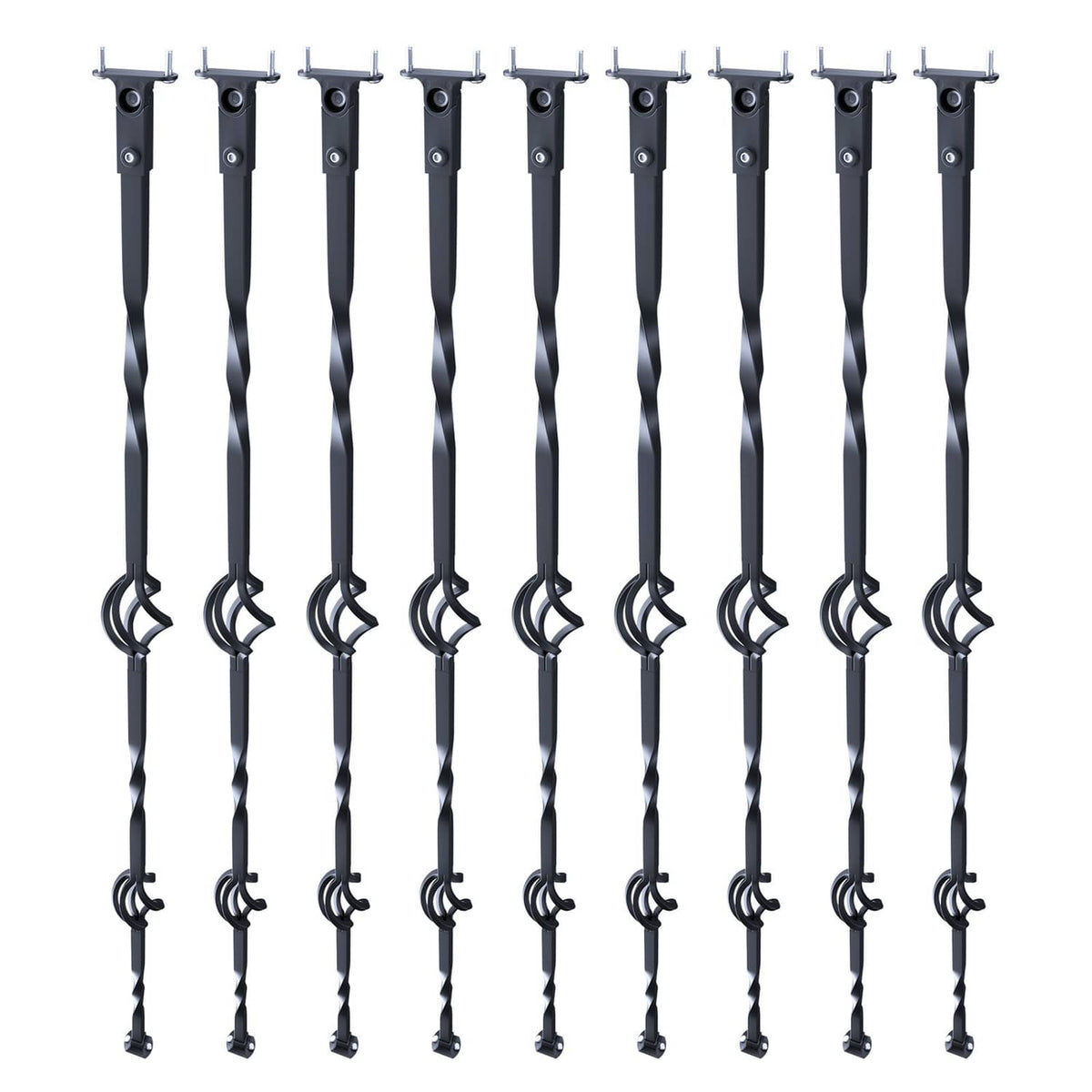 Metal deck balusters: 10 steel spindles with double-basket scrolls and screw mounts