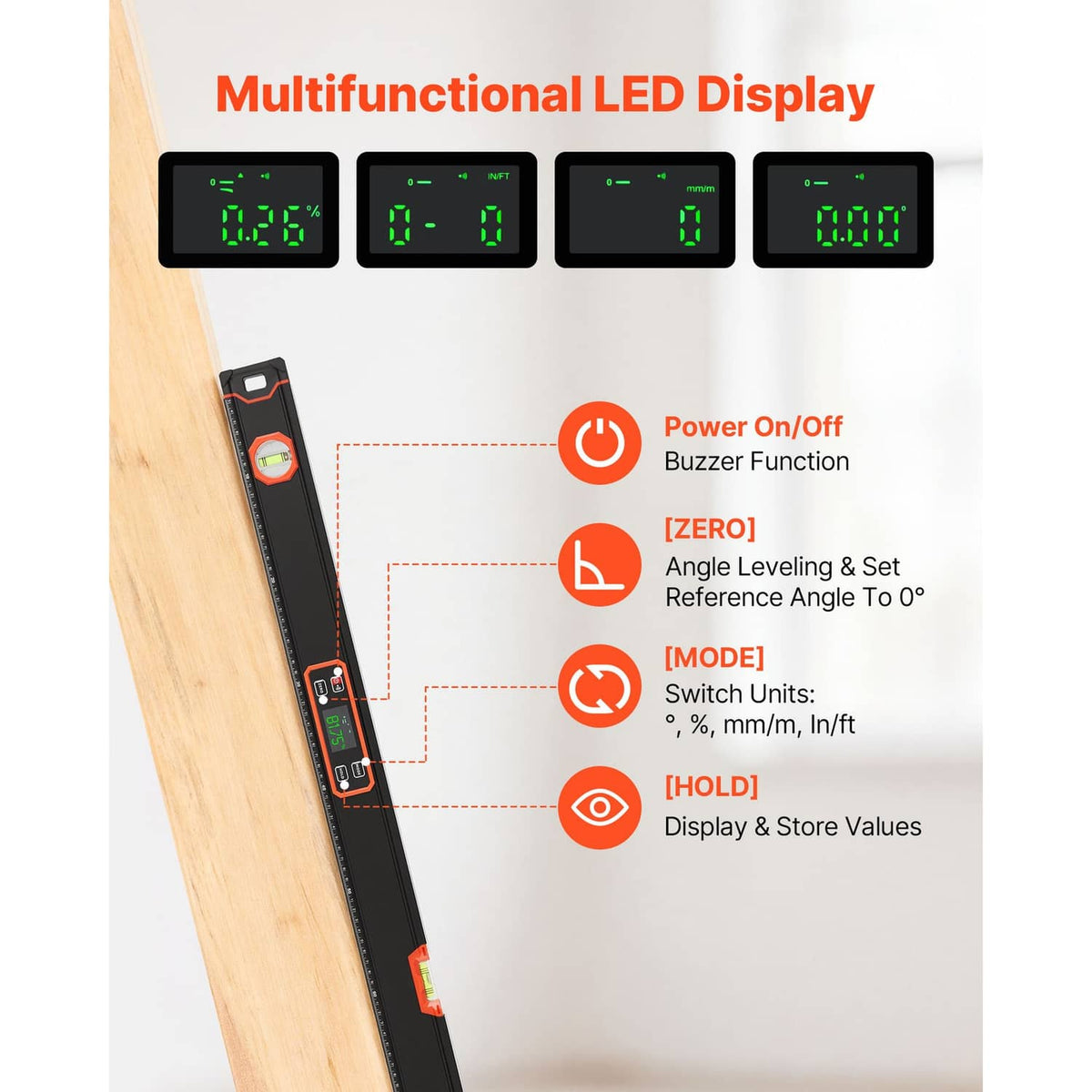Digital level with multi-function LED display and power, mode, and hold controls