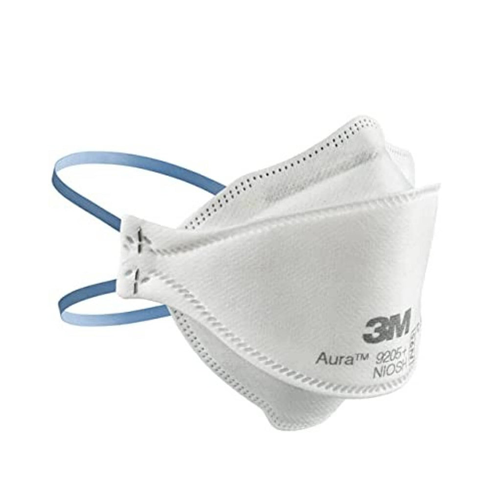 White 3M Aura N95 respirator, side view, with blue head straps