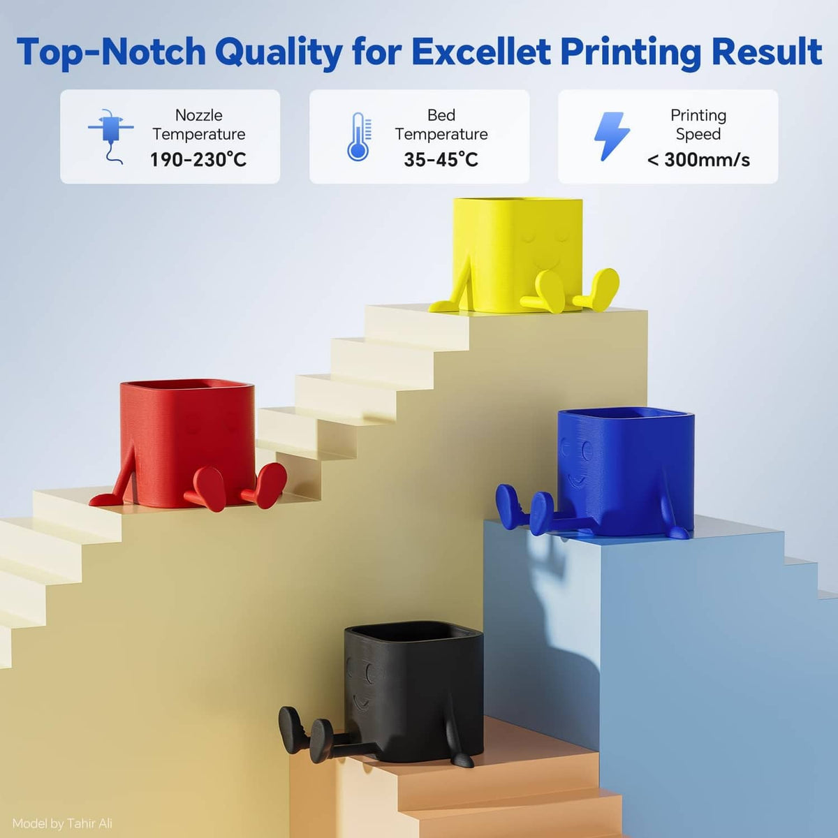PLA filament print samples showing stacked models in red and blue colors
