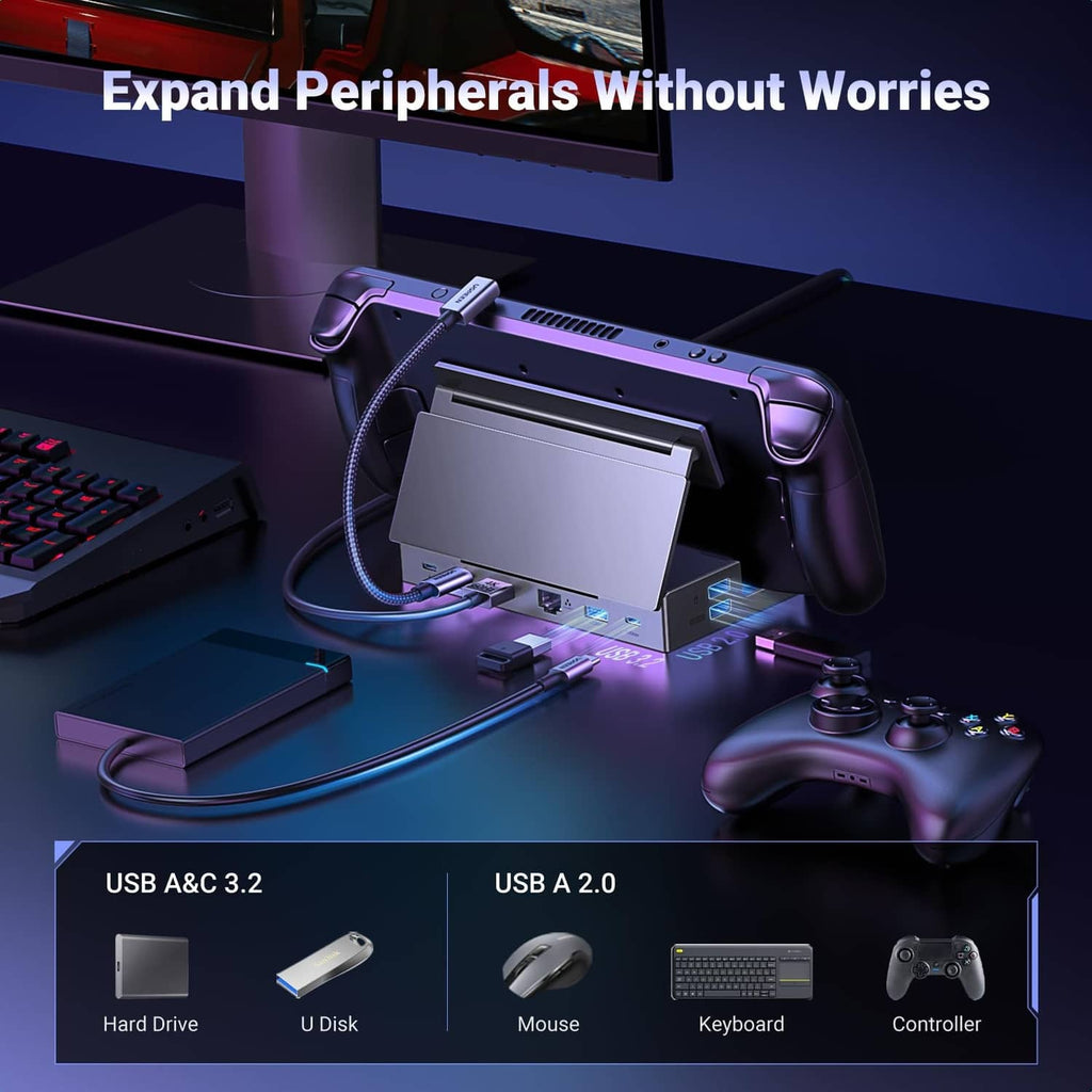 Grey USB-C docking station with foldable stand connected to controller and peripherals