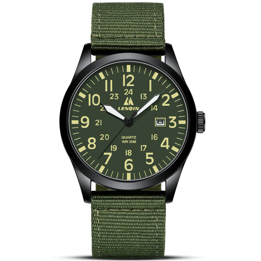LN LENQIN men's analog watch with green fabric strap and black case, luminous dial