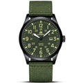 LN LENQIN men's analog watch with green fabric strap and black case, luminous dial