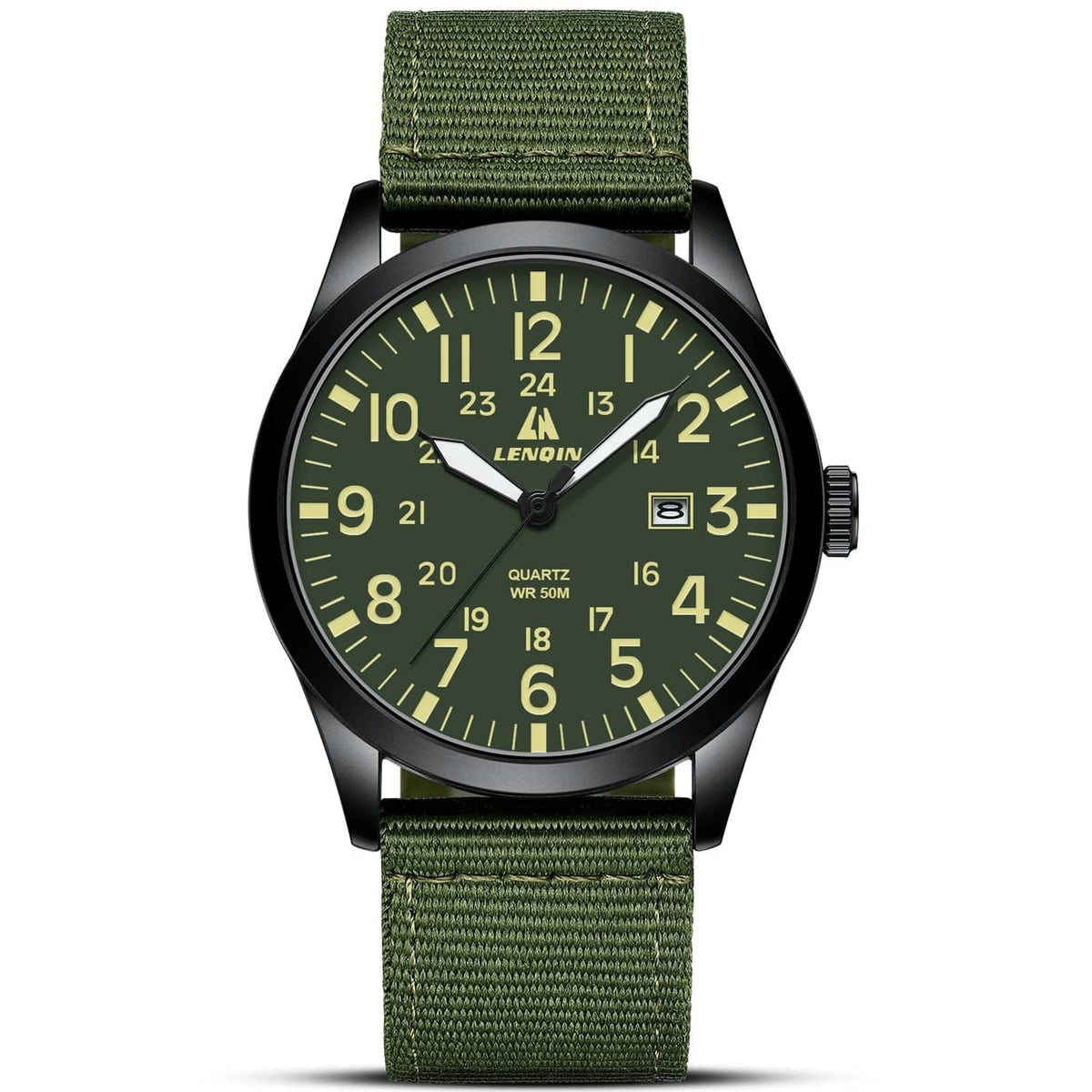 LN LENQIN men's analog watch with green fabric strap and black case, luminous dial
