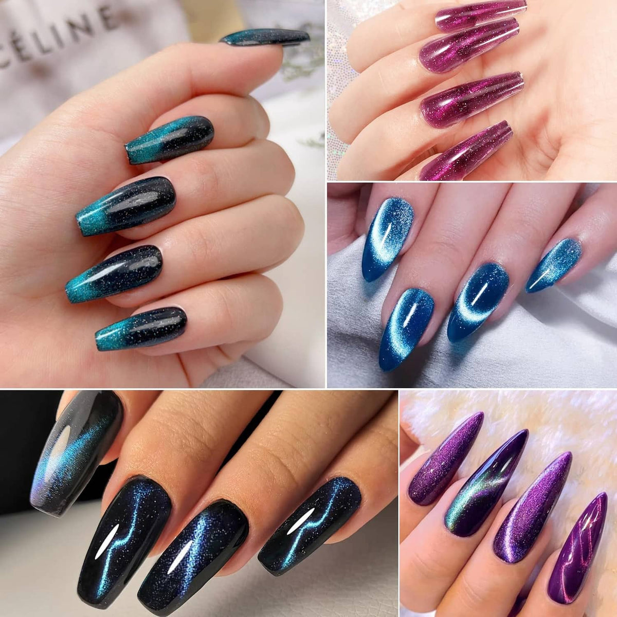 Shiny cat-eye nail swatches in teal-blue and purple with glossy magnetic streaks