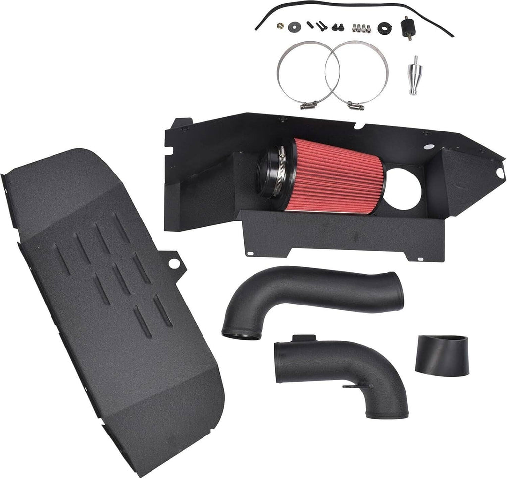 Intake pipe kit parts with red cone filter, black heat shields, and bent hoses
