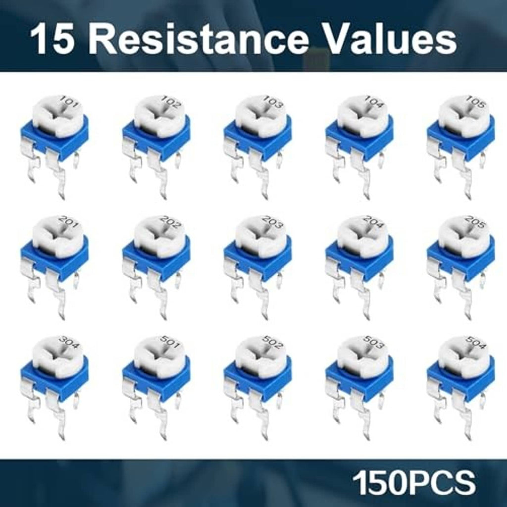 Potentiometer assortment kit showing 15 blue potentiometers in labeled quantity rows