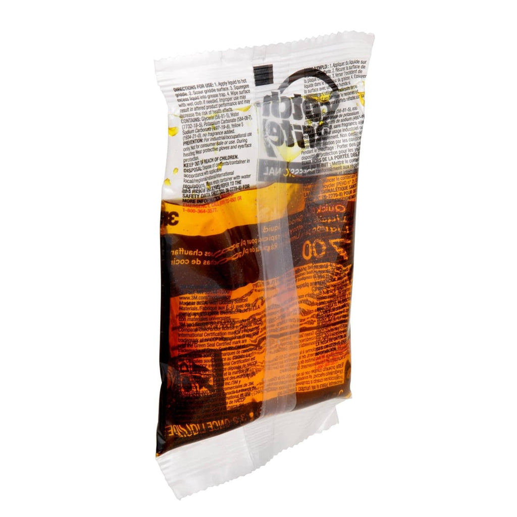 Scotch-Brite griddle cleaning liquid packet, 3.2 oz, side view with orange stripe