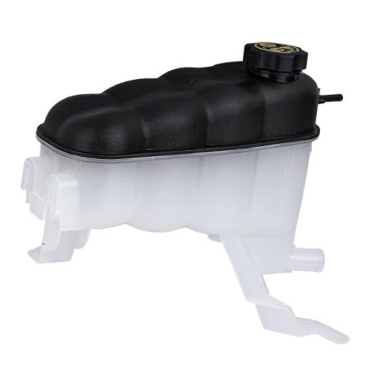 Engine coolant reservoir tank with cap, black top and white body