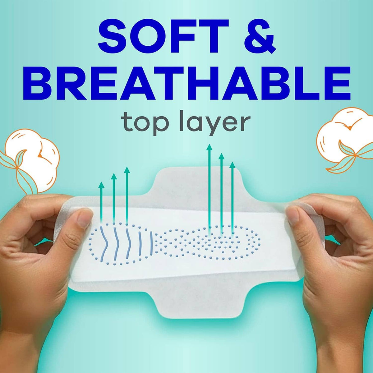 Winged feminine pad laid flat, hands adjusting absorbent top layer
