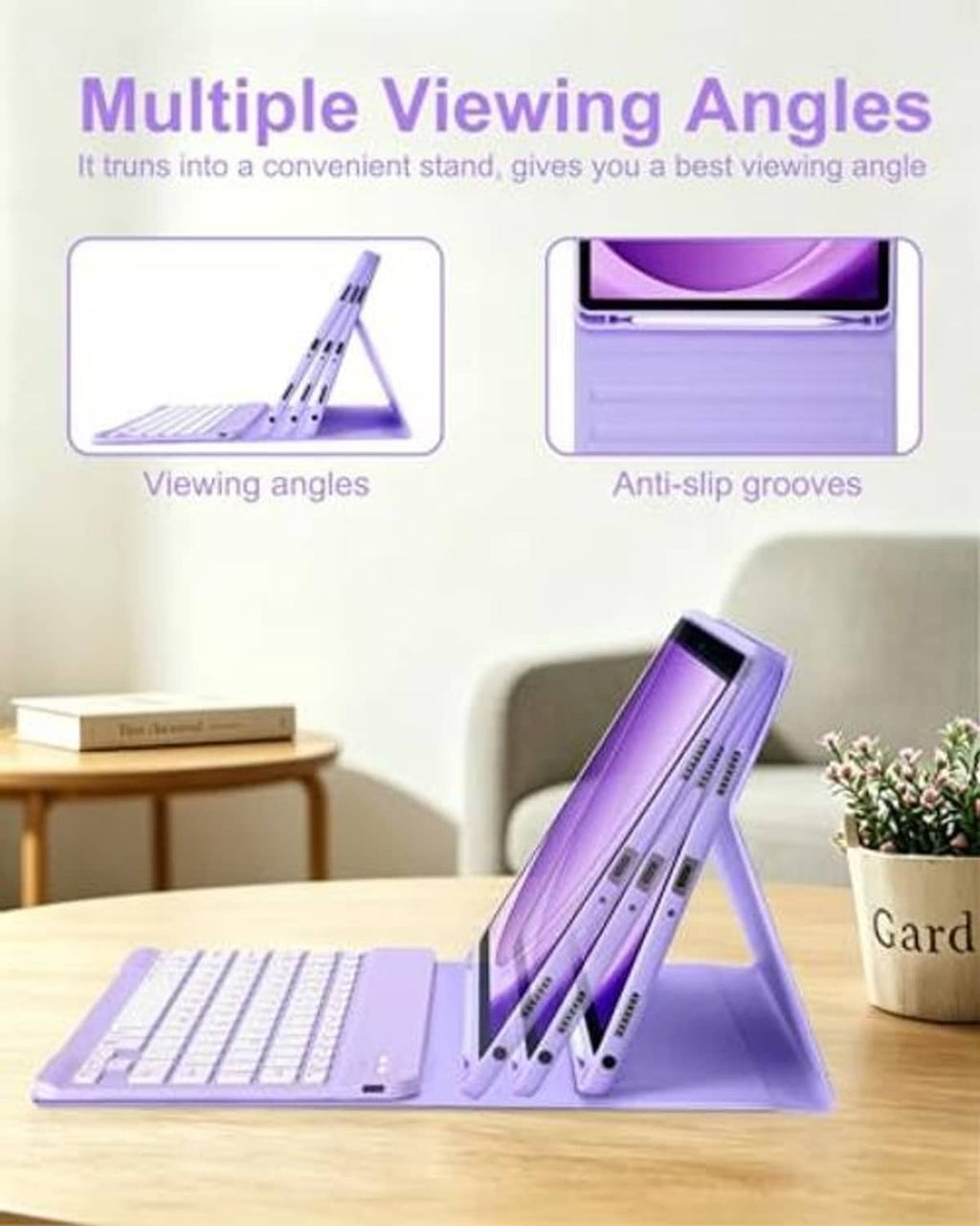Purple folio stand case with keyboard at multiple viewing angles