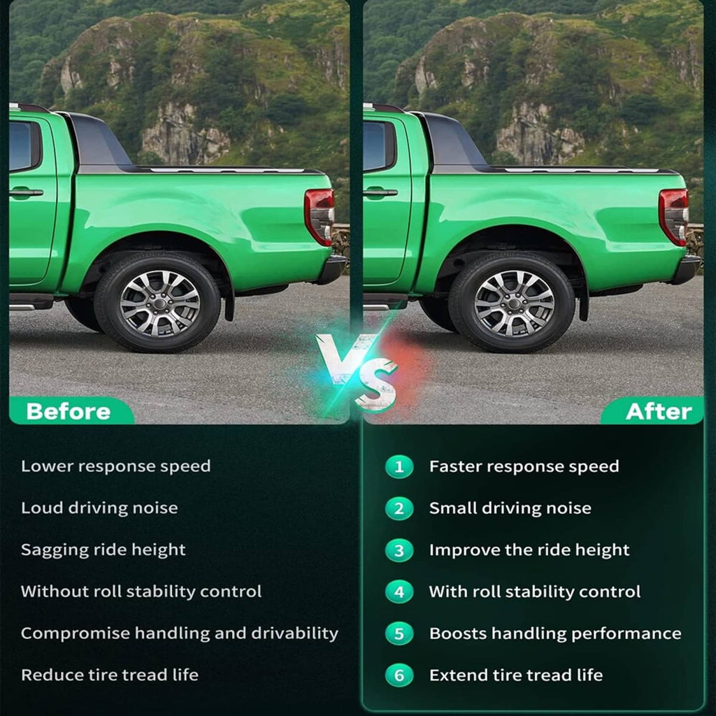 Truck rear suspension before-and-after comparison showing improved ride height
