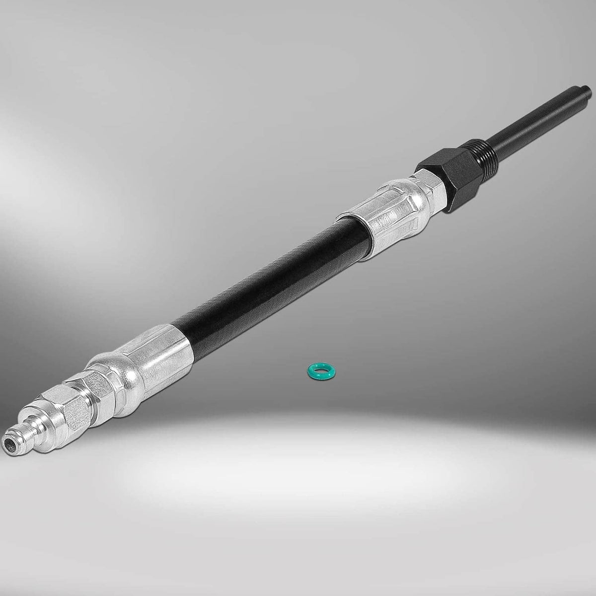 Compression tester adapter with black hose, silver couplings, small green O-ring