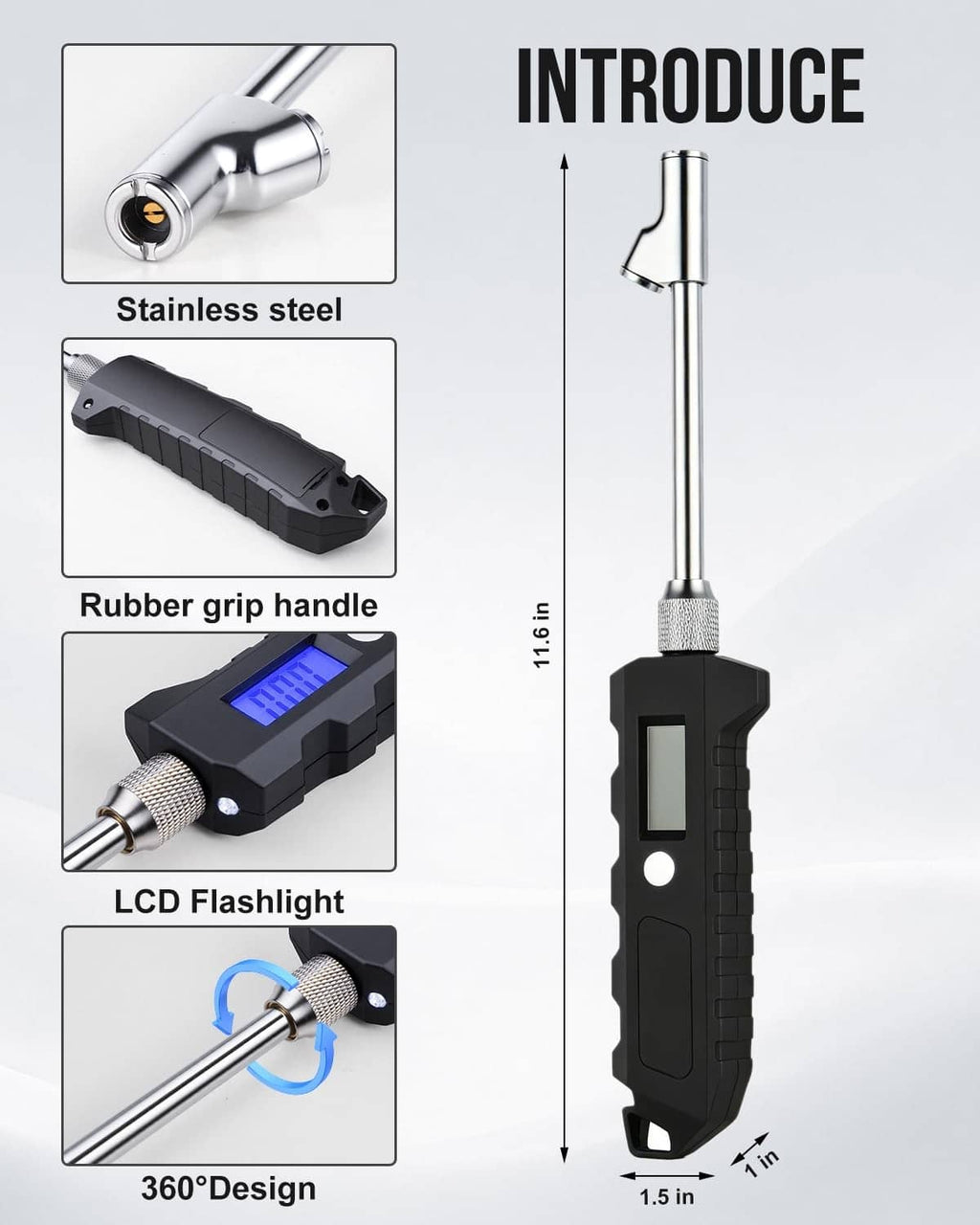Digital tire pressure gauge with stainless steel stem, rubber grip, and LCD light