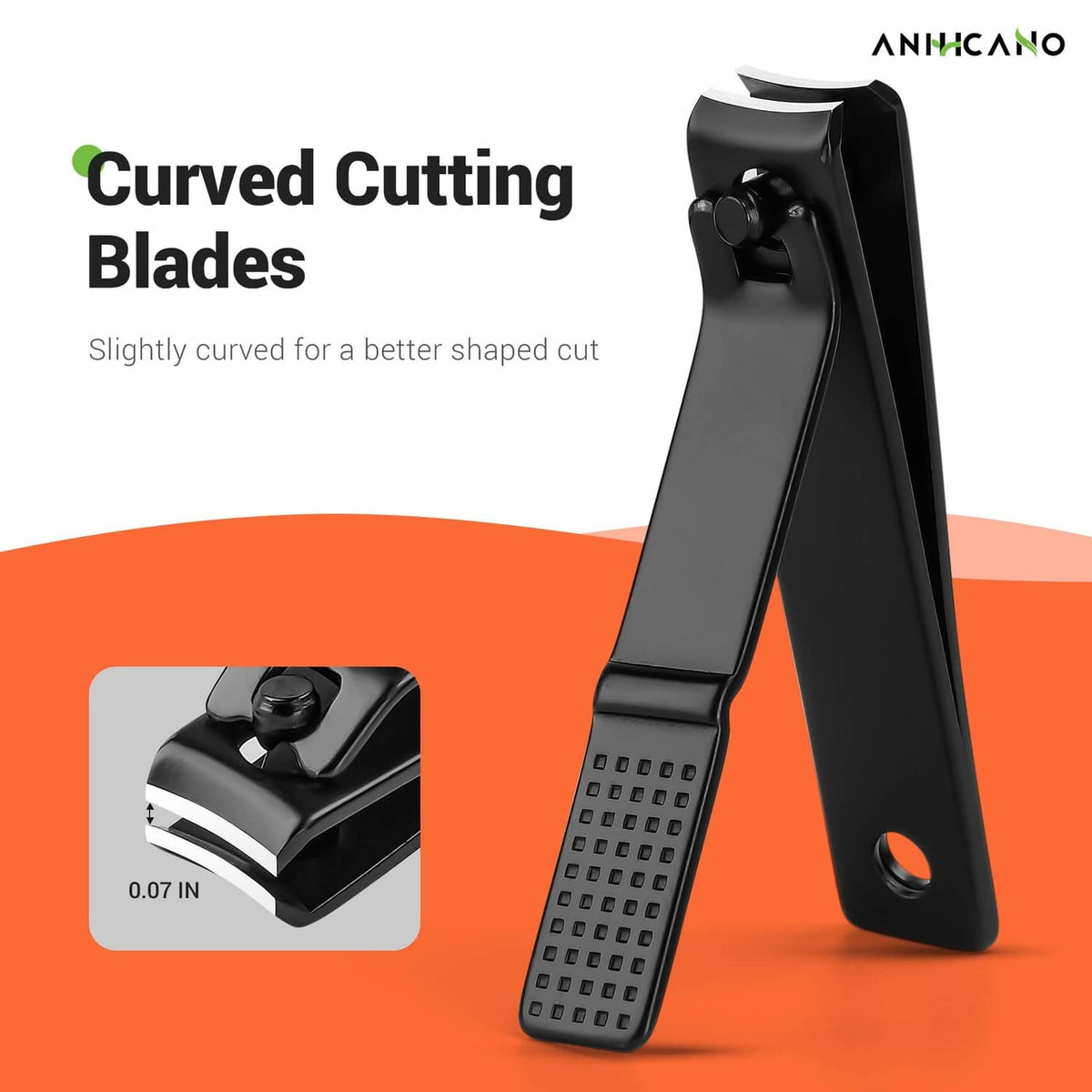 Black nail clippers with curved cutting blades and textured grip handles