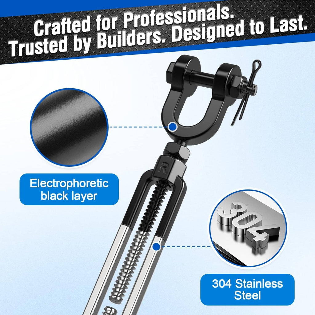 Black coated stainless steel turnbuckle with jaw and clevis end, includes cotter pin