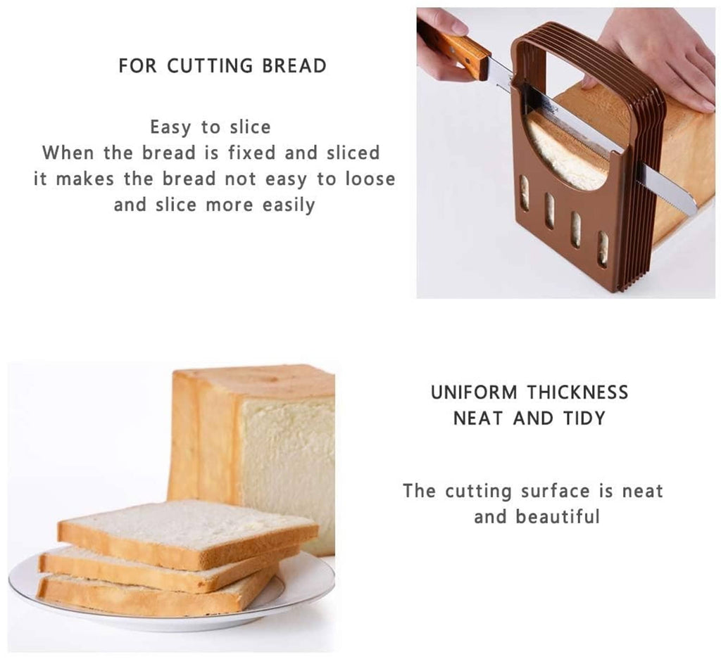Brown bread slicing guide on white plate with bread fixed in the slot cutter