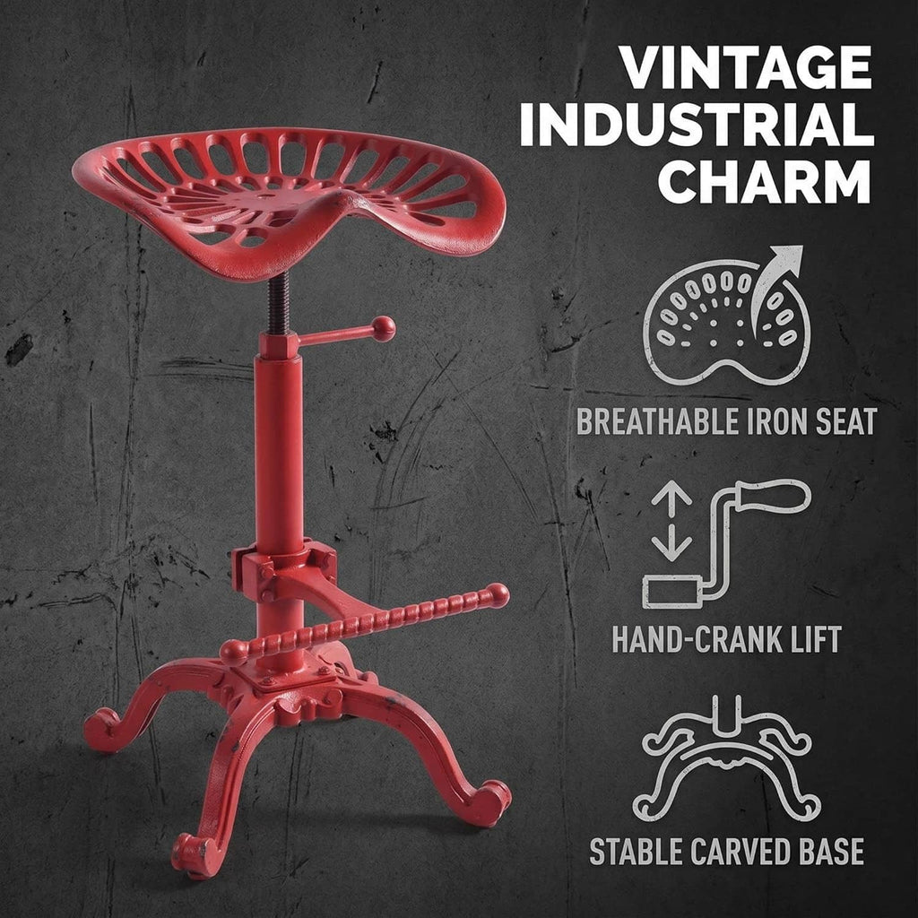 Red vintage industrial tractor-seat stool with breathable perforated iron seat and hand-crank lift