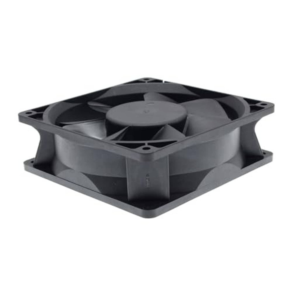 Black 120mm cooling fan with square mounting frame and four-blade impeller