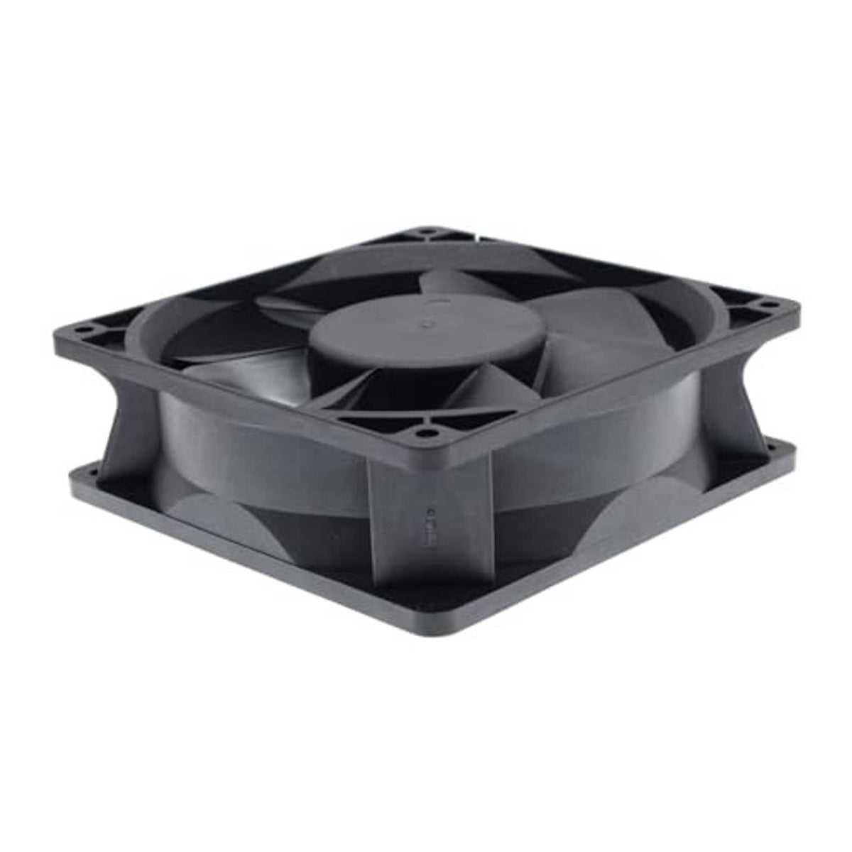 Black 120mm cooling fan with square mounting frame and four-blade impeller