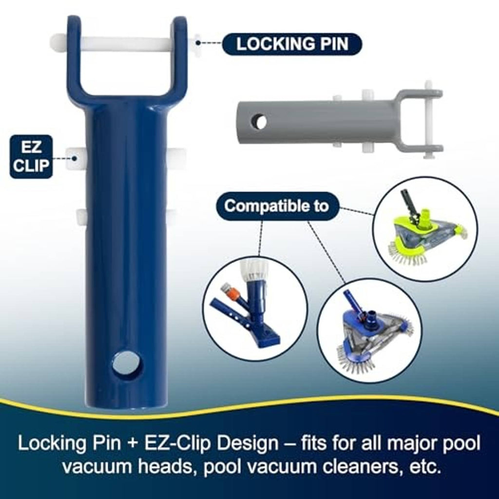 Blue pool vacuum handle with EZ clip and locking pin design; two attachment parts