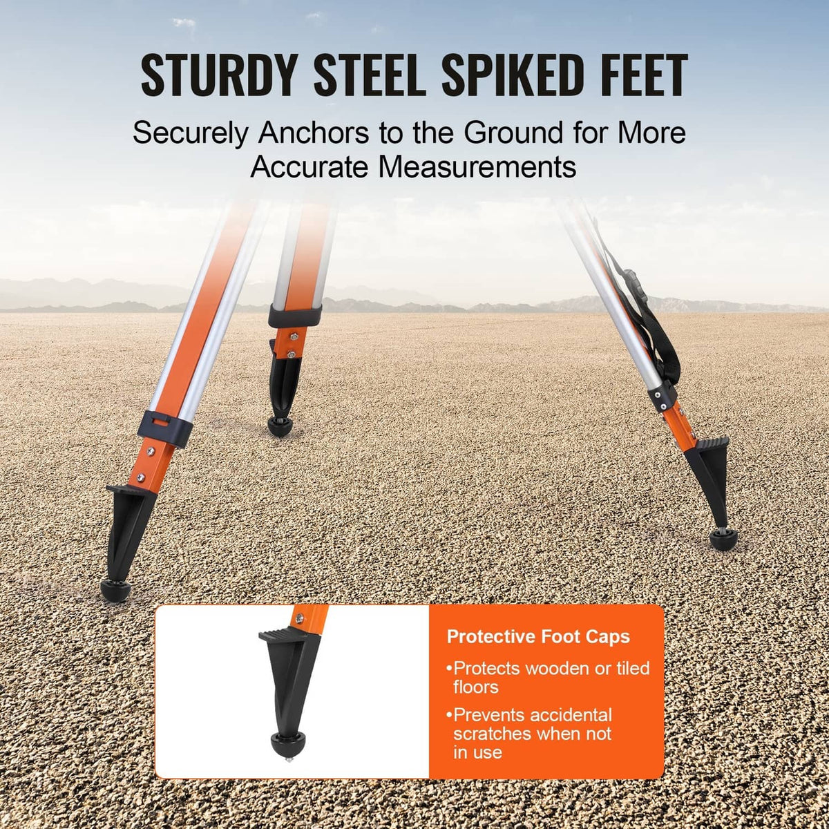 Steel spiked feet tripod stand with orange aluminum legs and protective caps