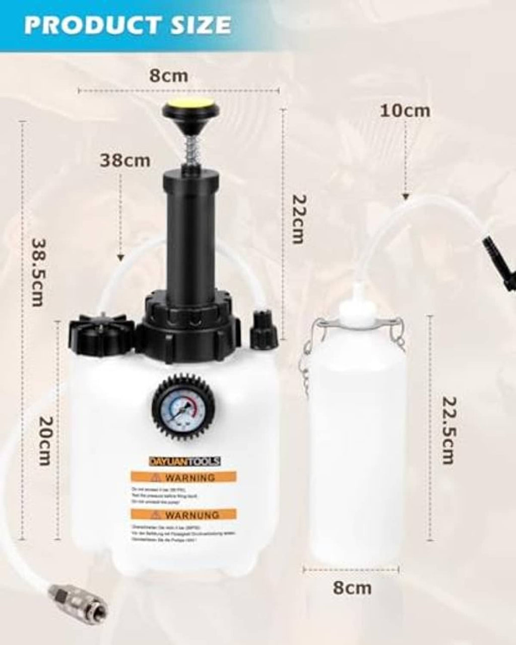 Brake fluid bleeder kit size diagram: hand pump, gauge, bottle, hoses and adapter