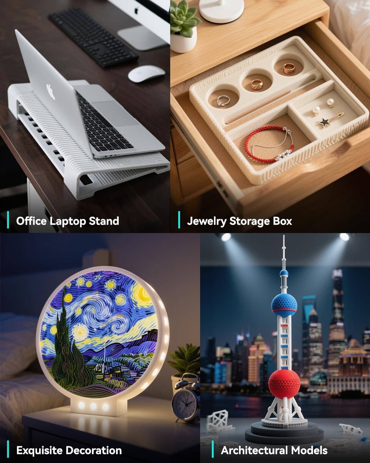 Product application collage showing laptop stand, jewelry box, decoration, and architectural model