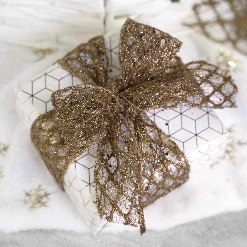 Brown glitter wired ribbon bow with layered mesh-like sparkle