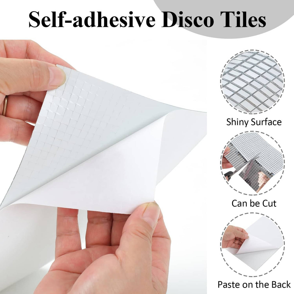 Self-adhesive disco mosaic tile sheet with backing, flexible 5mm grid