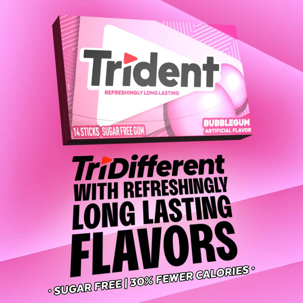 Trident Bubblegum sugar-free gum pack, long-lasting refreshing flavor