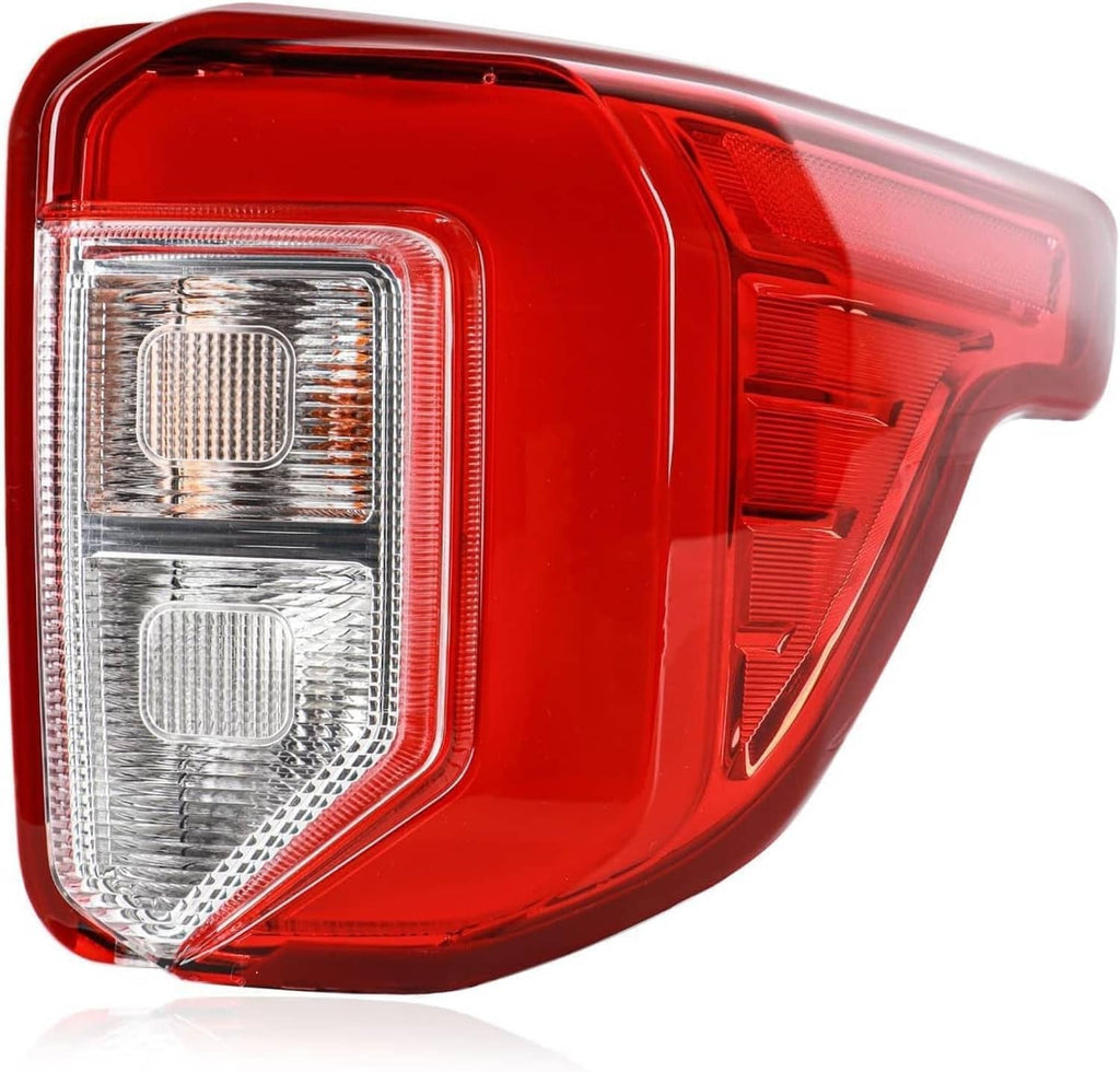 Right-side LED tail light close-up with red housing and clear vertical reflector.