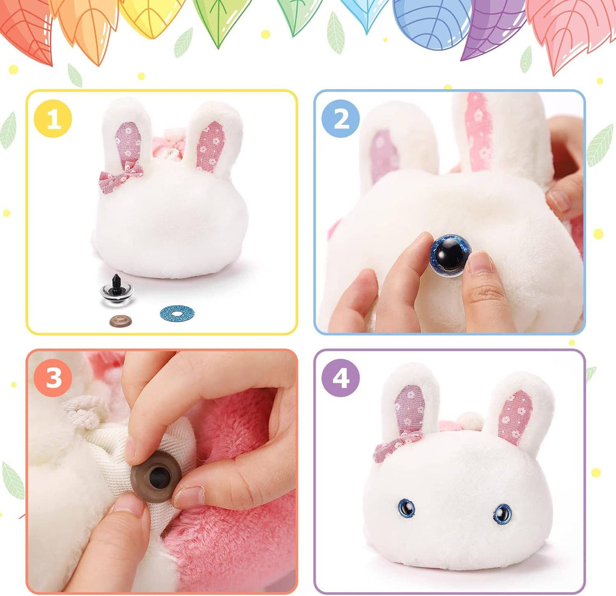 Safety eyes being pressed into a plush bunny, showing installed black-and-white eye domes