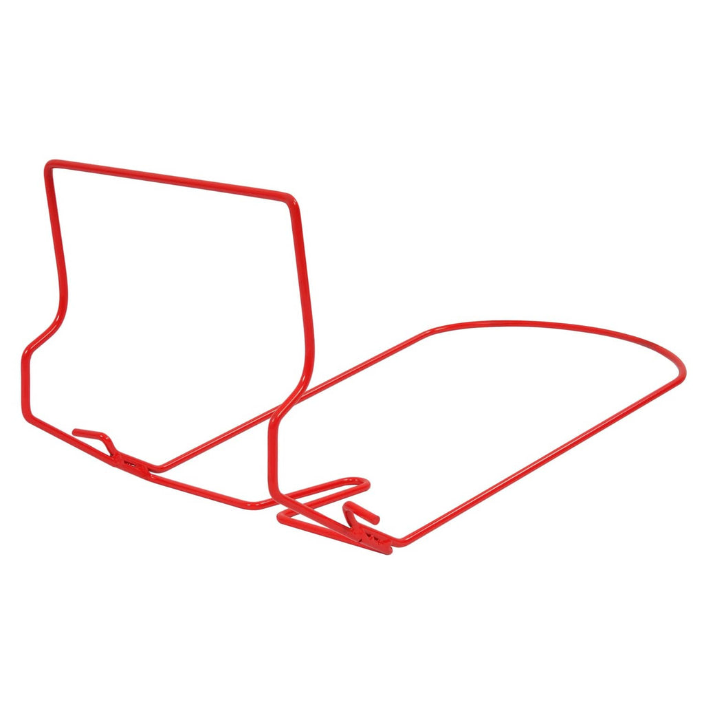 Red grass bag frame with long bottom support and end mounting bracket