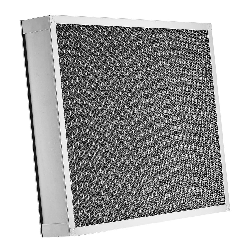 Rectangular air filter with gray fine mesh and silver aluminum border frame