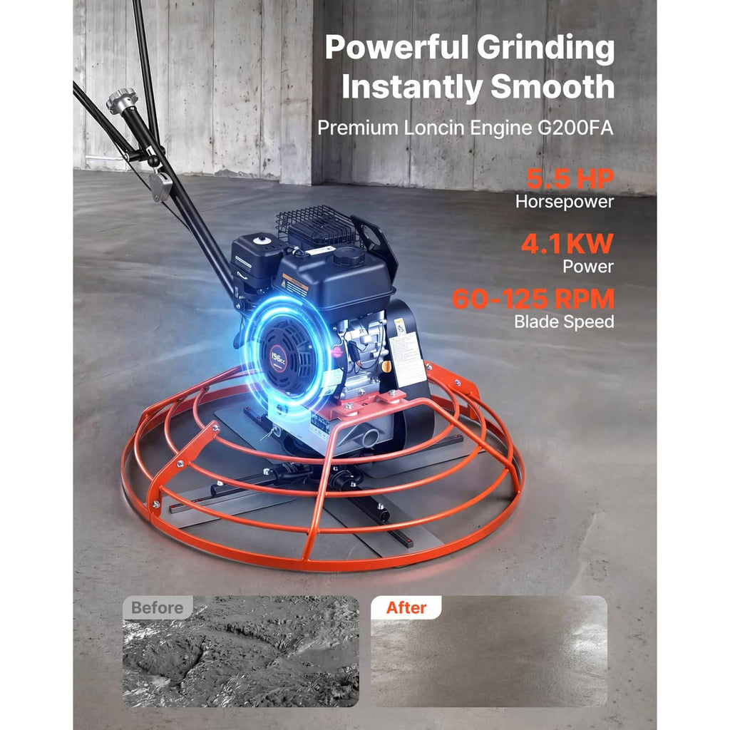 Gas engine concrete power trowel with circular orange guard and smoothing blades