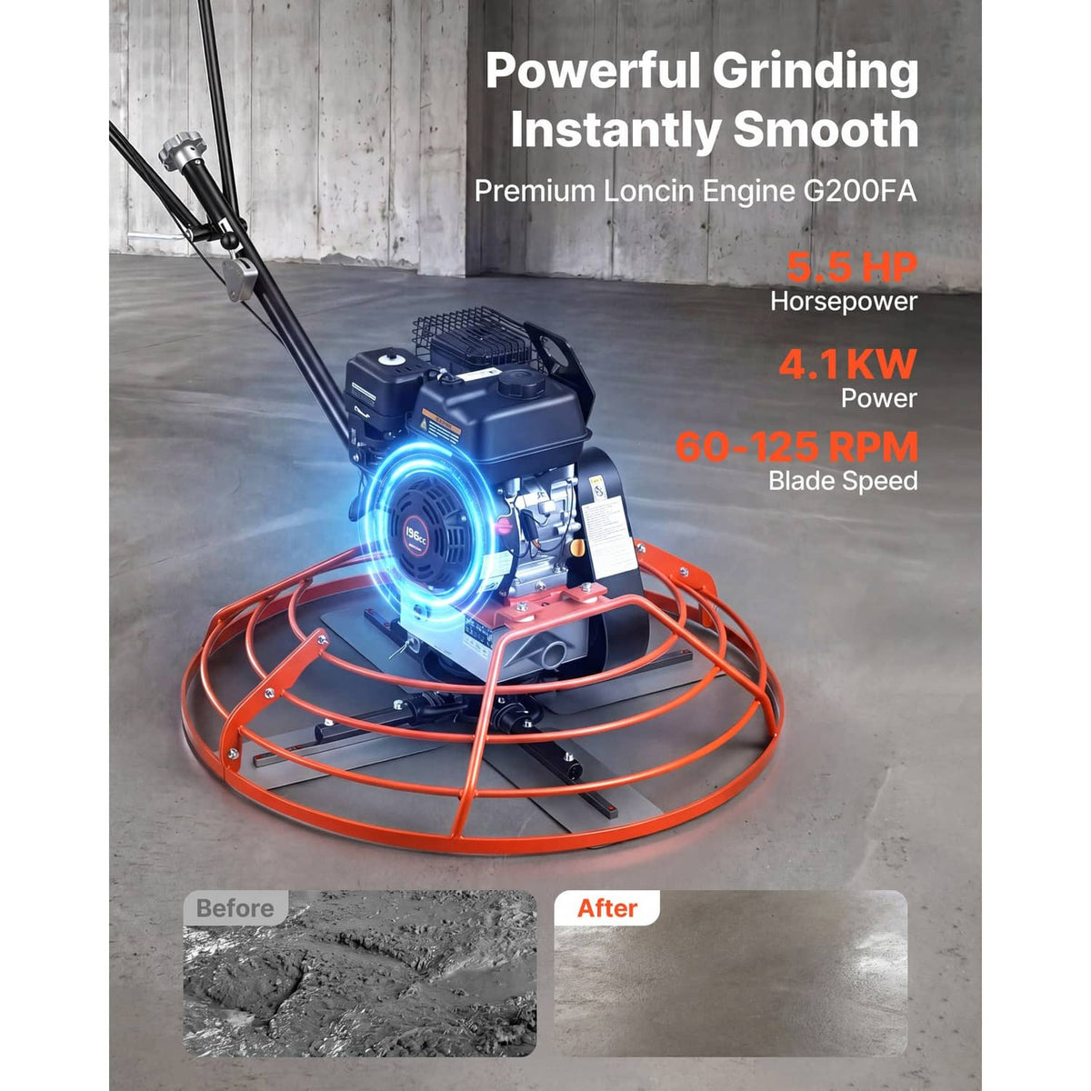 Gas engine concrete power trowel with circular orange guard and smoothing blades