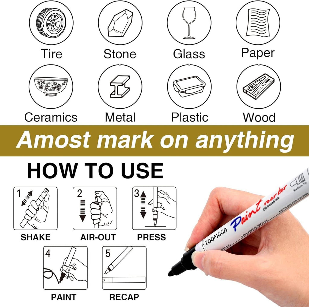 Permanent paint marker showing tips for use and writing on paper, metal, glass, plastic