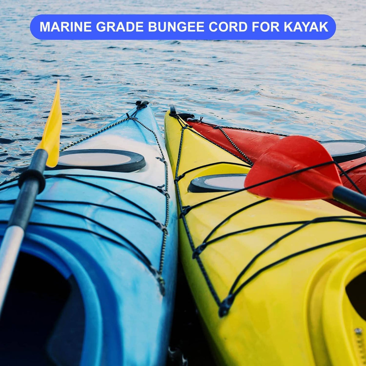 Black bungee shock cord secured on kayak rigging lines for fastening
