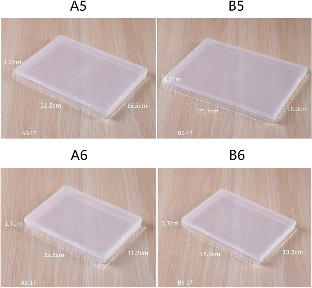 Clear plastic storage box showing multiple sizes: A5, B5, A6, B6