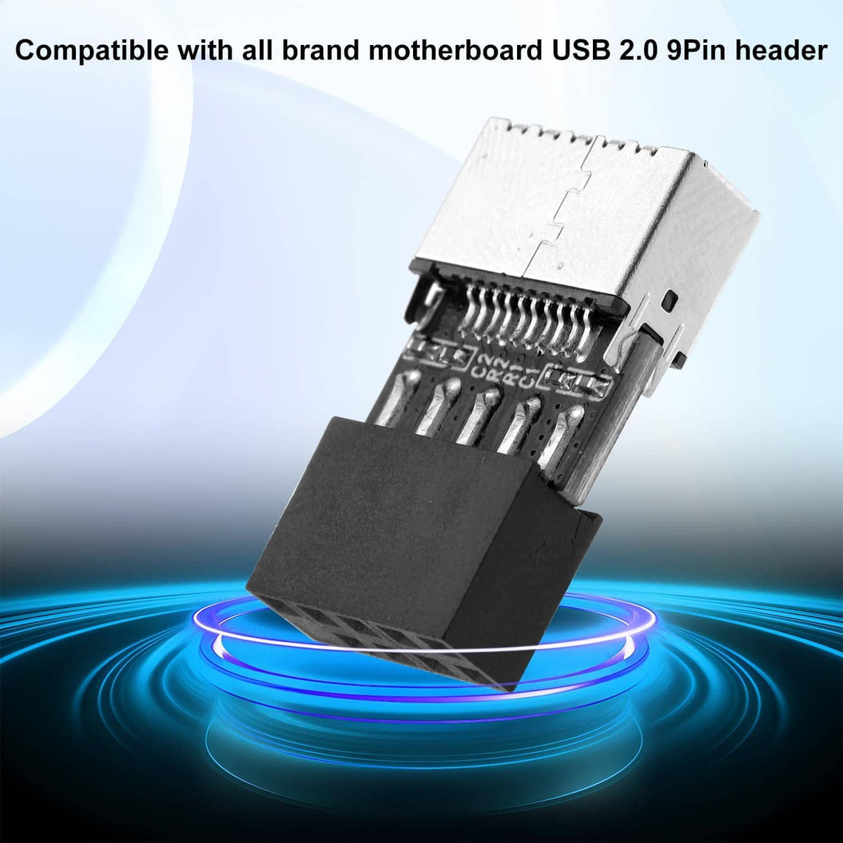 USB header adapter module, 9-pin connector on board, silver metal and black housing