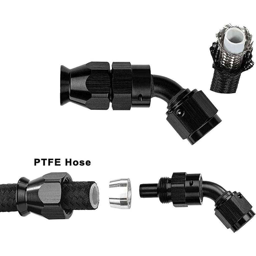 Black PTFE hose assembly with multiple AN fittings and braided hose cover