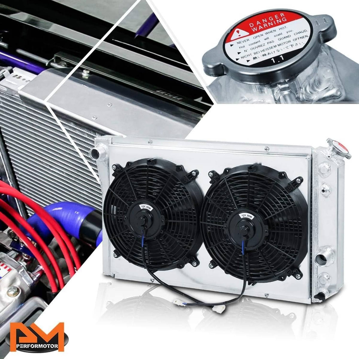 Aluminum radiator with twin black fans and warning-cap reservoir detail