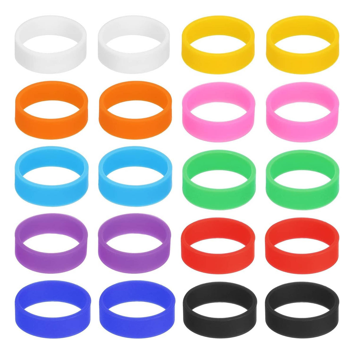 20-pack multicolor silicone rubber band rings, flat circular set in white to black
