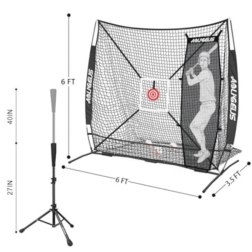 6x6 baseball practice net with black frame, white mesh, and measured height dimensions