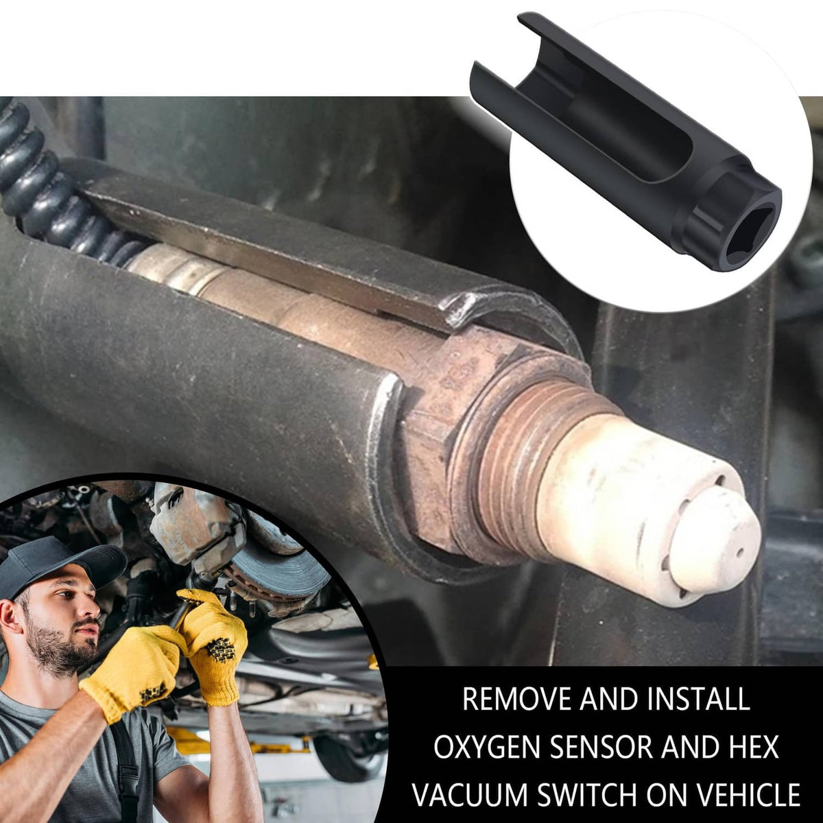 Oxygen sensor socket in use on a vehicle exhaust with hex vacuum switch access