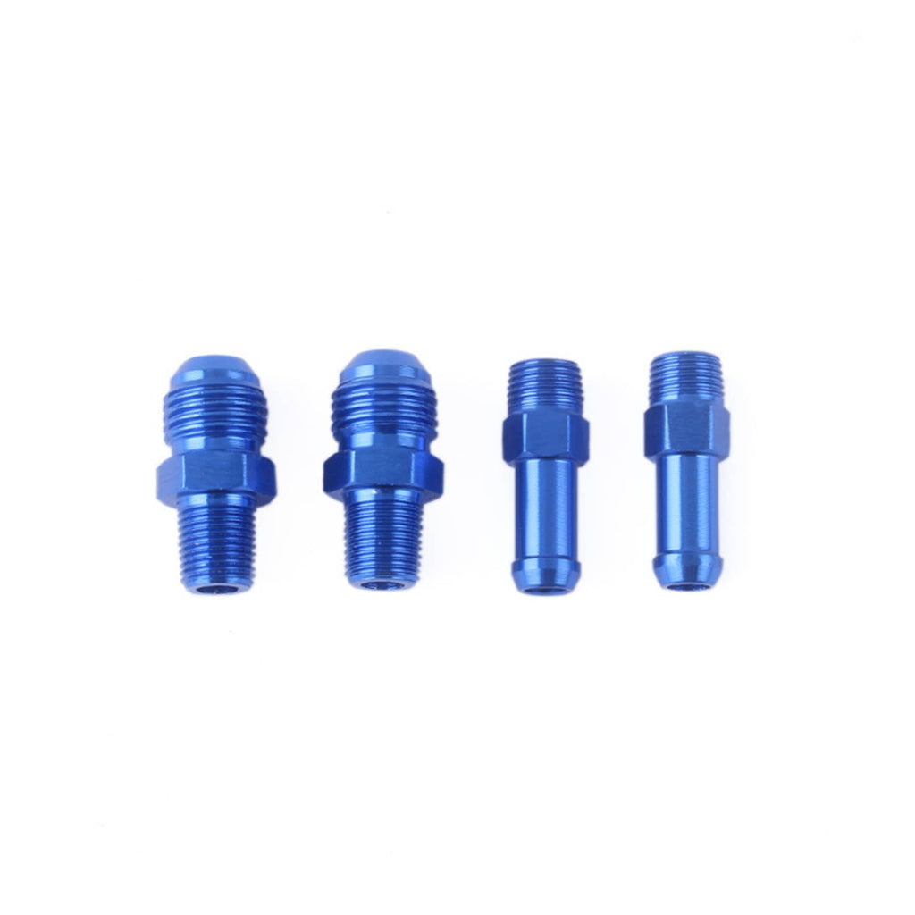Four blue threaded fittings for fuel pressure regulator, various connector shapes