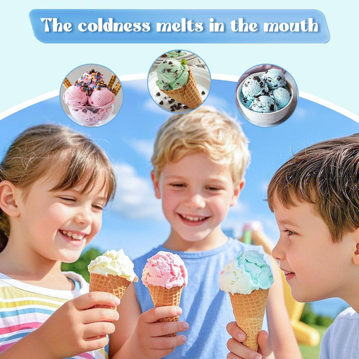 Ice cream maker attachment shown with children holding colorful ice cream cones